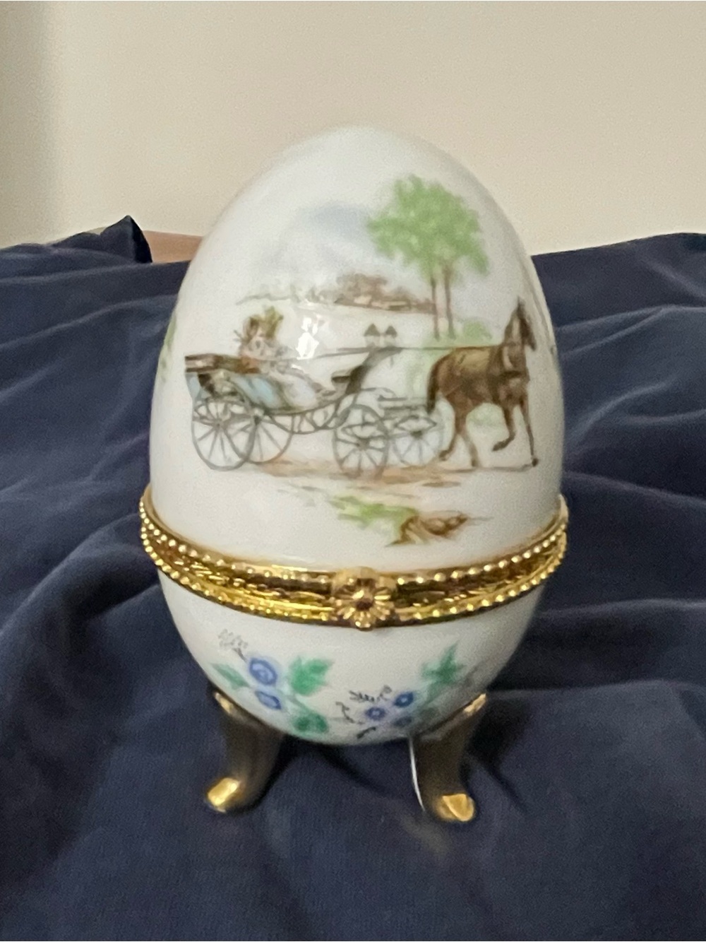Imperial Porcelain White Egg Trinket Box with Gold Accents and Painted Scene
